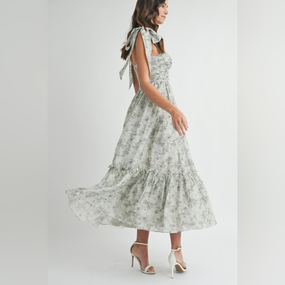 MABLE Floral Bust Ruched Midi Dress with Shoulder Tie Light Sage Green - Picture 4 of 14